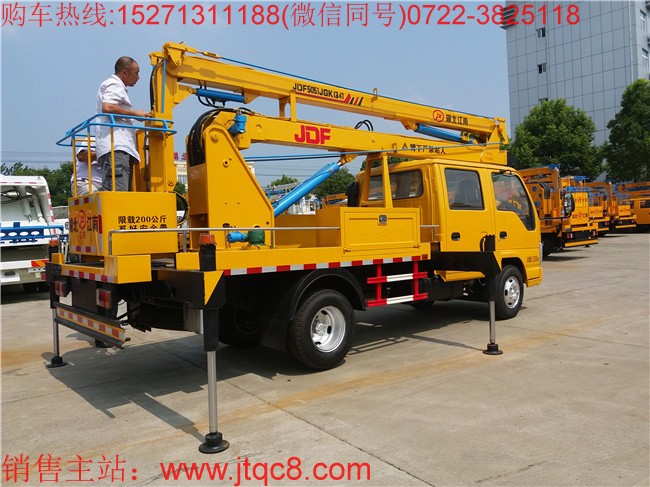 五十鈴14米升降車(國五)采用慶鈴五十鈴國五底盤加裝上裝部分而成;液壓式三節(jié)折疊臂,最大作業(yè)高度14米,作業(yè)輻度5.7米; 采用國產(chǎn)、進(jìn)口換向閥及液壓油缸,換向平穩(wěn),操作靈活方便;隨車安裝四個(gè)液壓支腿,以保證整車在操作時(shí)的穩(wěn)定性與安全性;支腿與工作臂互鎖,安全可靠,防止誤操作過位